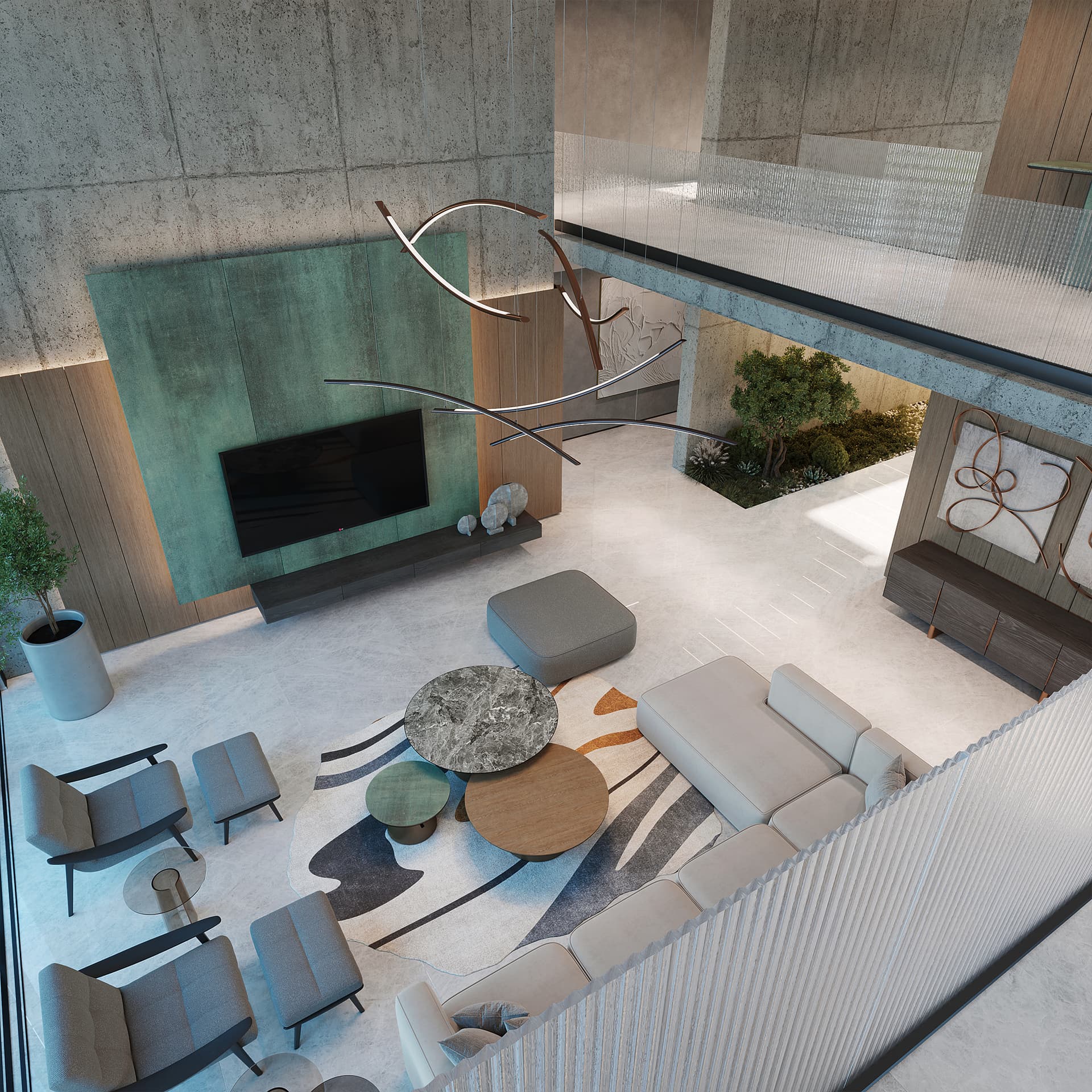 The interior exudes a sophisticated and calming mood through its contemporary style with organic and industrial elements, demonstrating an exceptionally high, luxurious level of design.