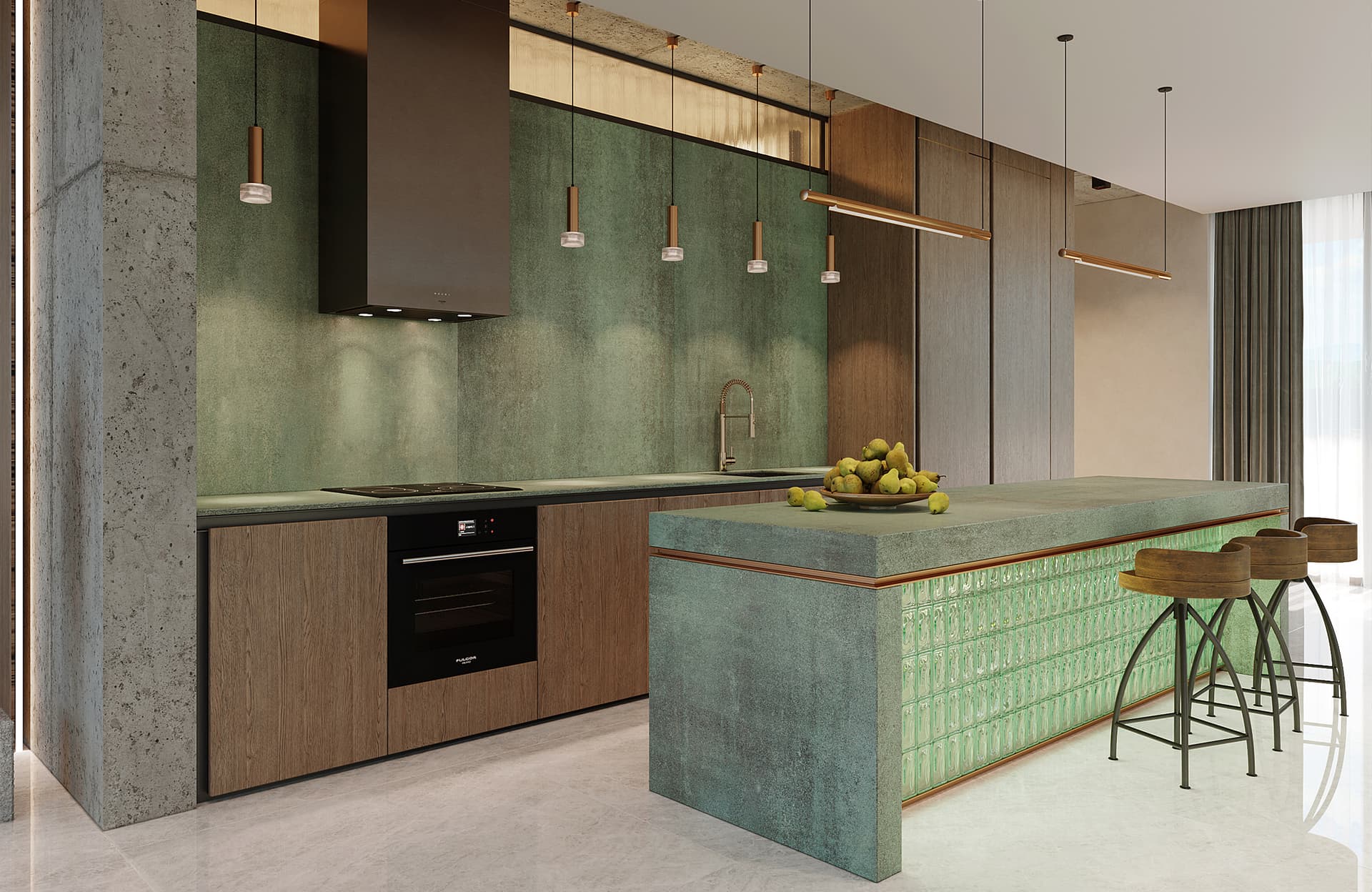 The interior exudes a sophisticated and calming mood through its contemporary style with organic and industrial elements, demonstrating an exceptionally high, luxurious level of design.