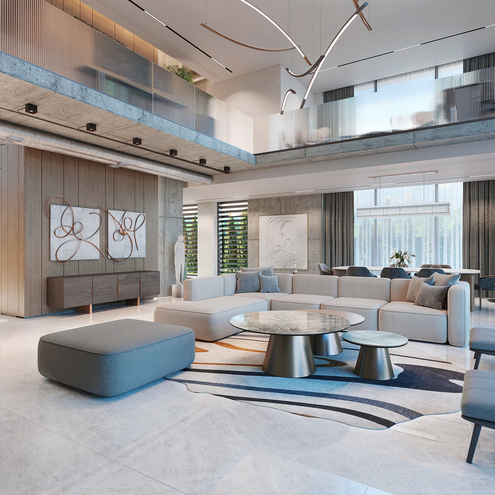 The interior exudes a sophisticated and calming mood through its contemporary style with organic and industrial elements, demonstrating an exceptionally high, luxurious level of design.