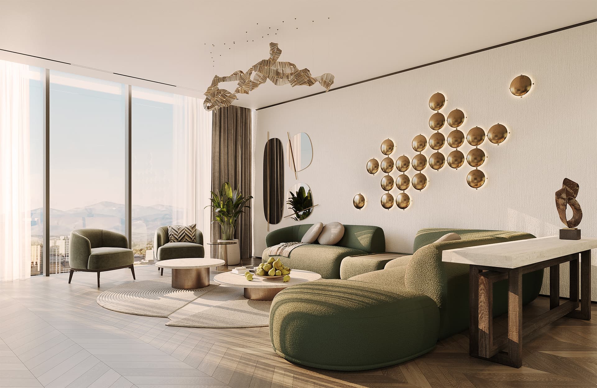High-end living room design featuring a panoramic view, luxurious Italian furnishings, and designer lighting fixtures.