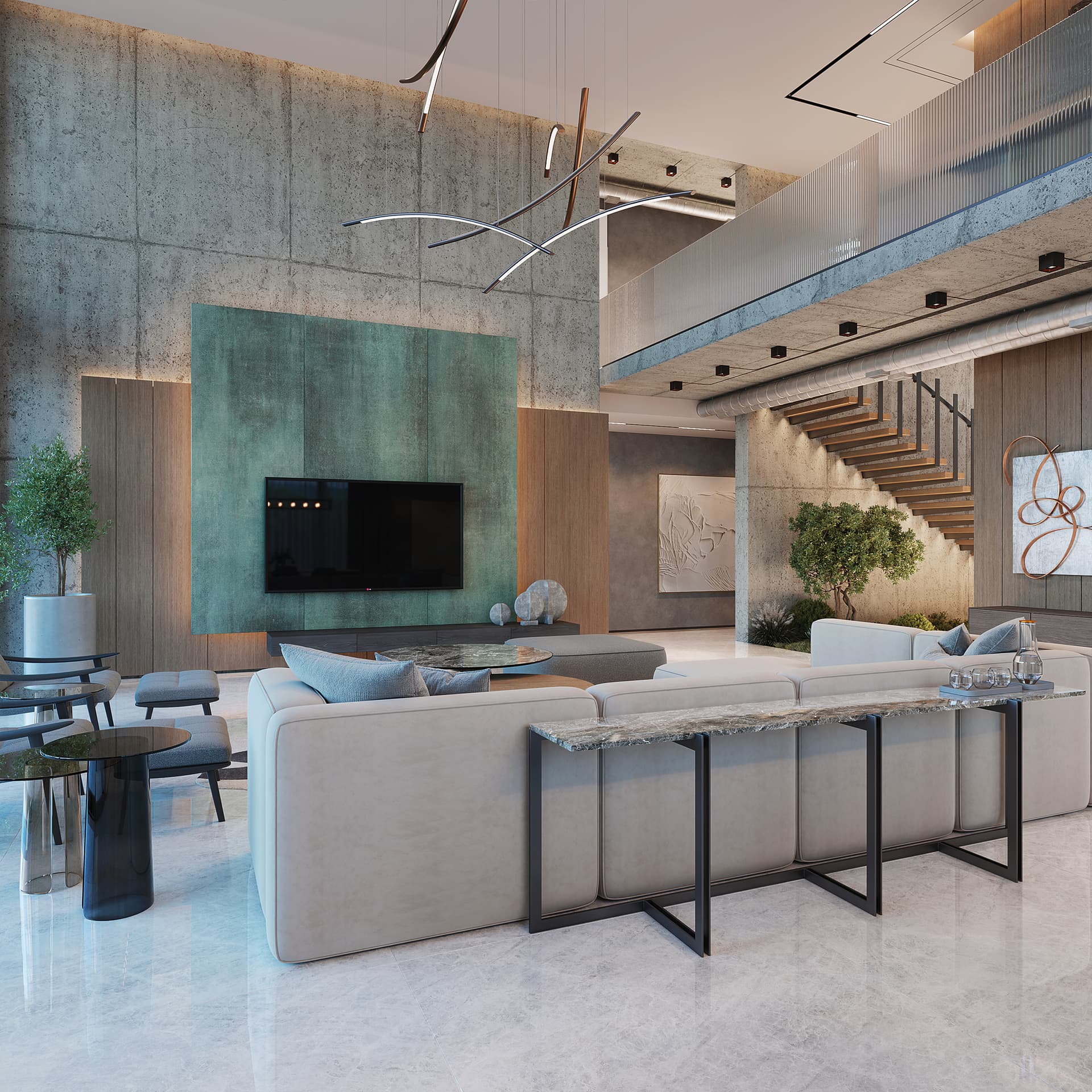 The interior exudes a sophisticated and calming mood through its contemporary style with organic and industrial elements, demonstrating an exceptionally high, luxurious level of design.