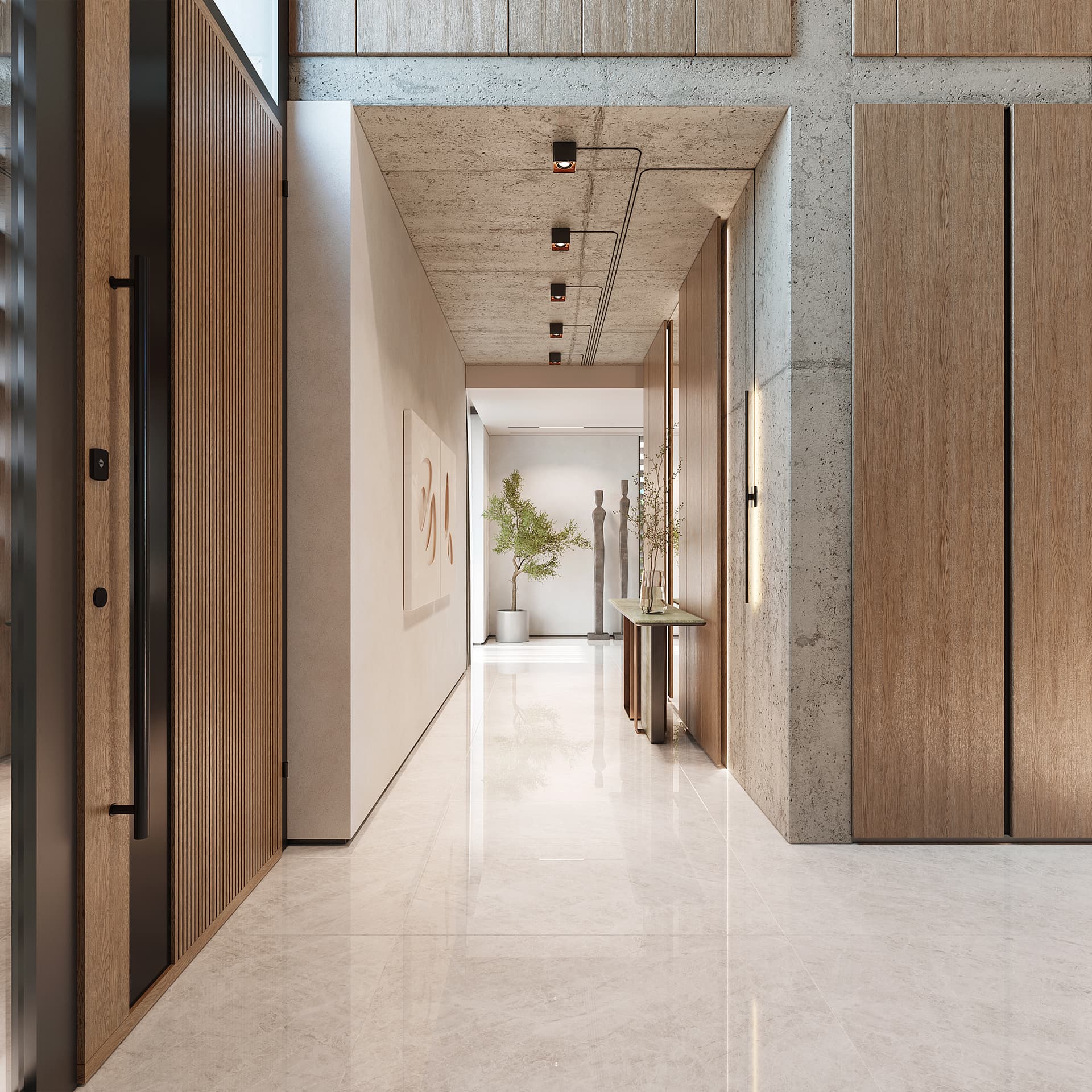 The interior exudes a sophisticated and calming mood through its contemporary style with organic and industrial elements, demonstrating an exceptionally high, luxurious level of design.