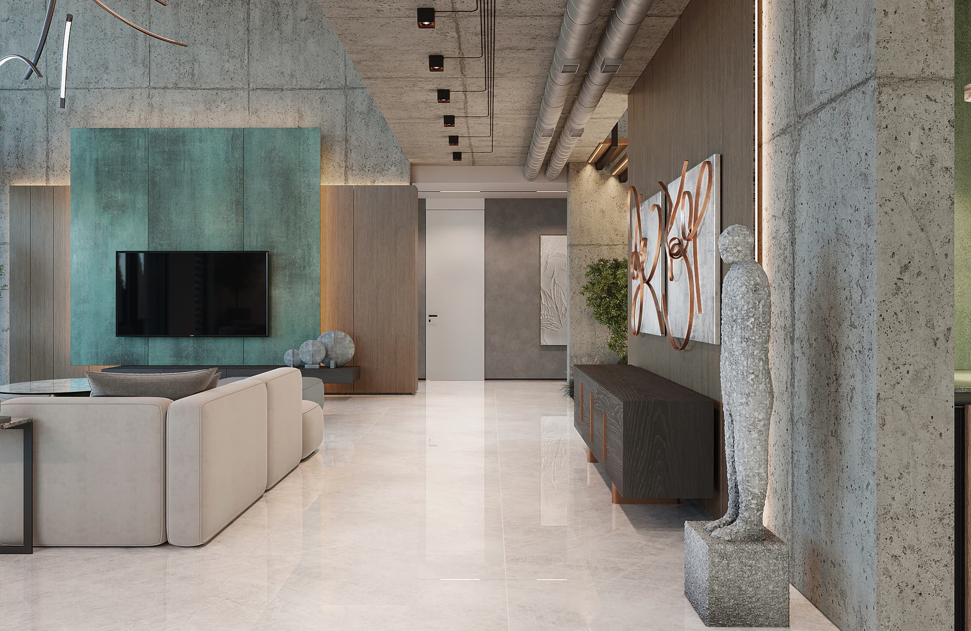 The interior exudes a sophisticated and calming mood through its contemporary style with organic and industrial elements, demonstrating an exceptionally high, luxurious level of design.