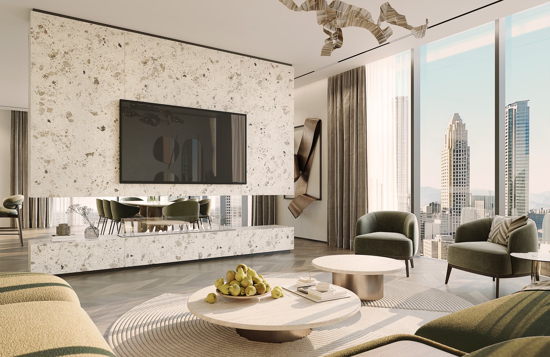 High-end kitchen interior design featuring luxury cabinetry, premium finish materials, and refined designer lighting fixtures.