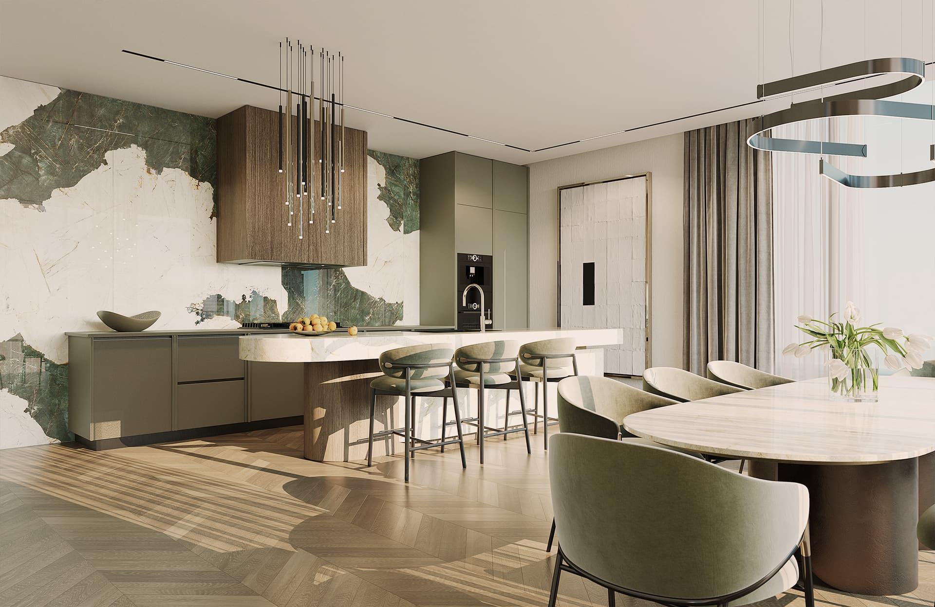 High-end dining room interior design featuring luxury furnishings, premium finish materials, and refined designer lighting fixtures.