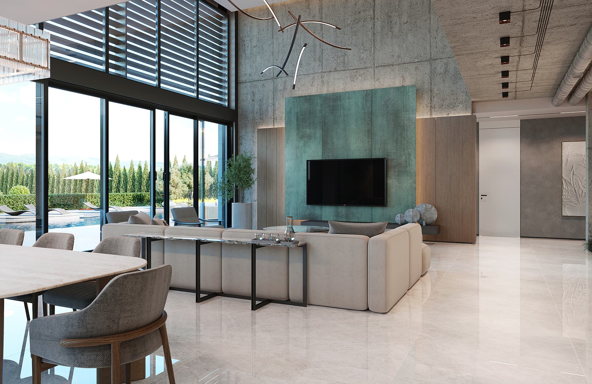 The interior exudes a sophisticated and calming mood through its contemporary style with organic and industrial elements, demonstrating an exceptionally high, luxurious level of design.