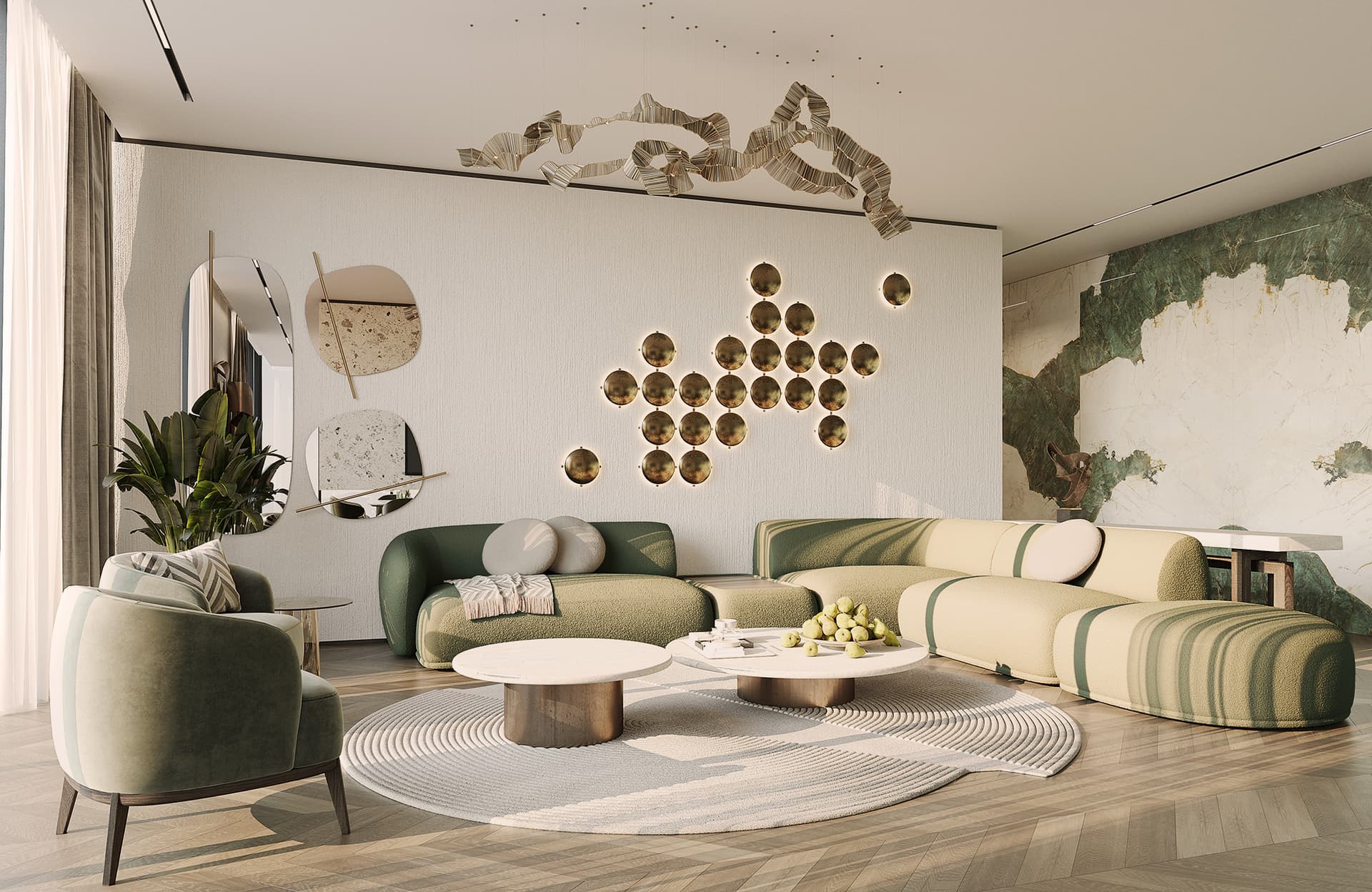 High-end living room design featuring a panoramic view, luxurious Italian furnishings, and designer lighting fixtures.