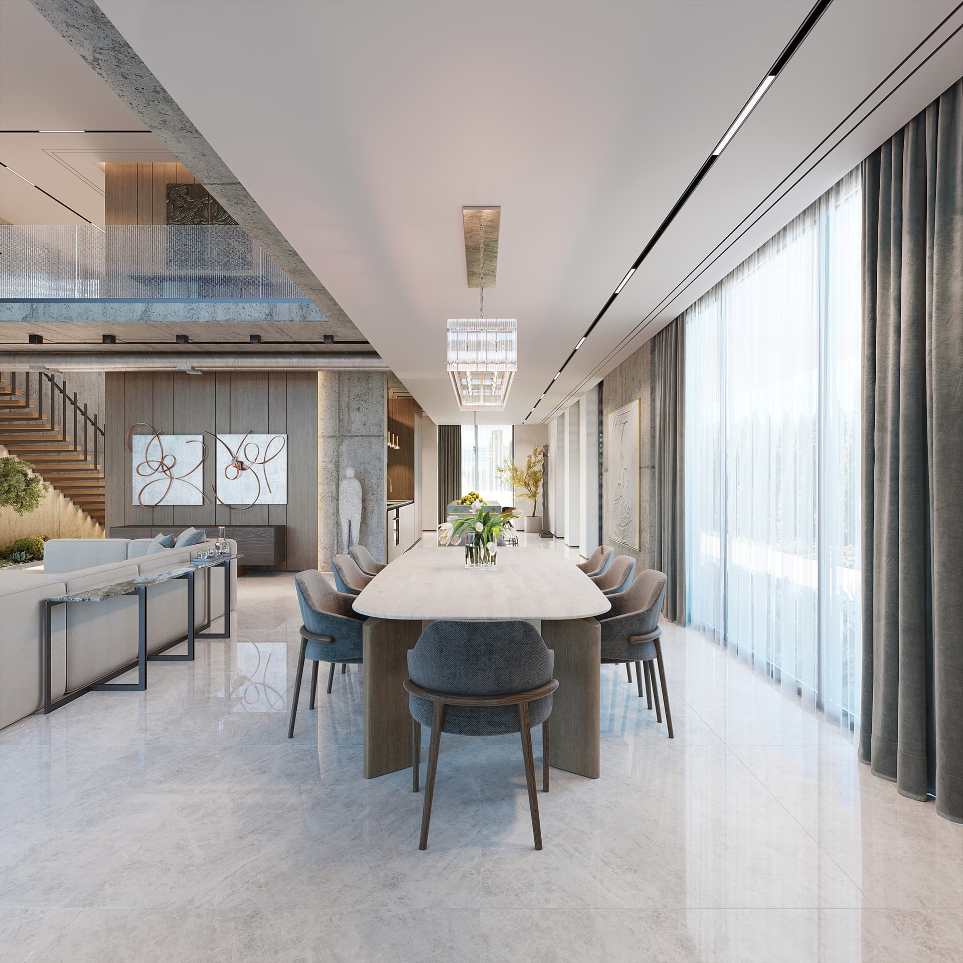 The interior exudes a sophisticated and calming mood through its contemporary style with organic and industrial elements, demonstrating an exceptionally high, luxurious level of design.