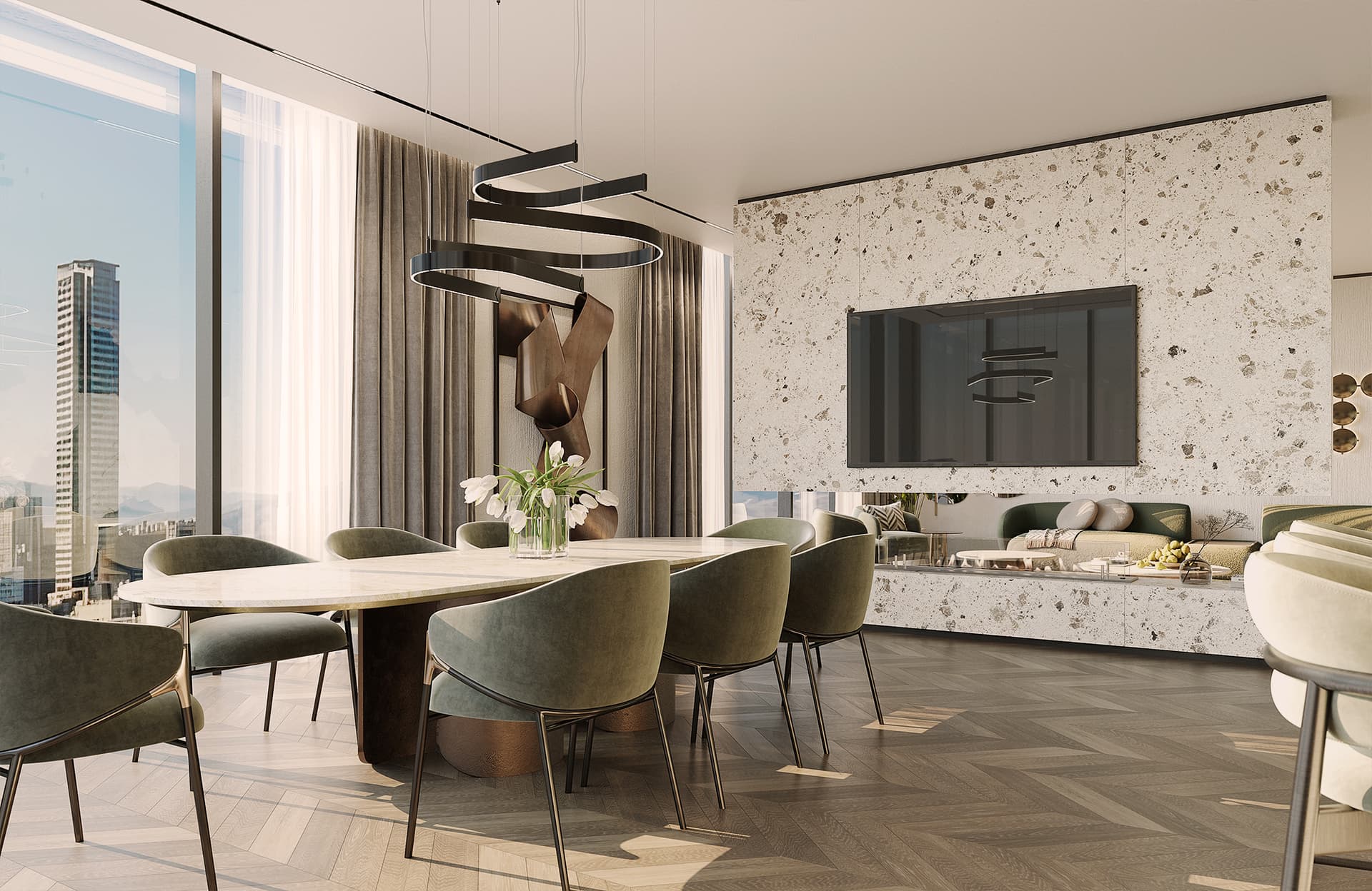 High-end dining room interior design featuring panoramic view, luxury furnishings, premium finish materials, and refined designer lighting fixtures.