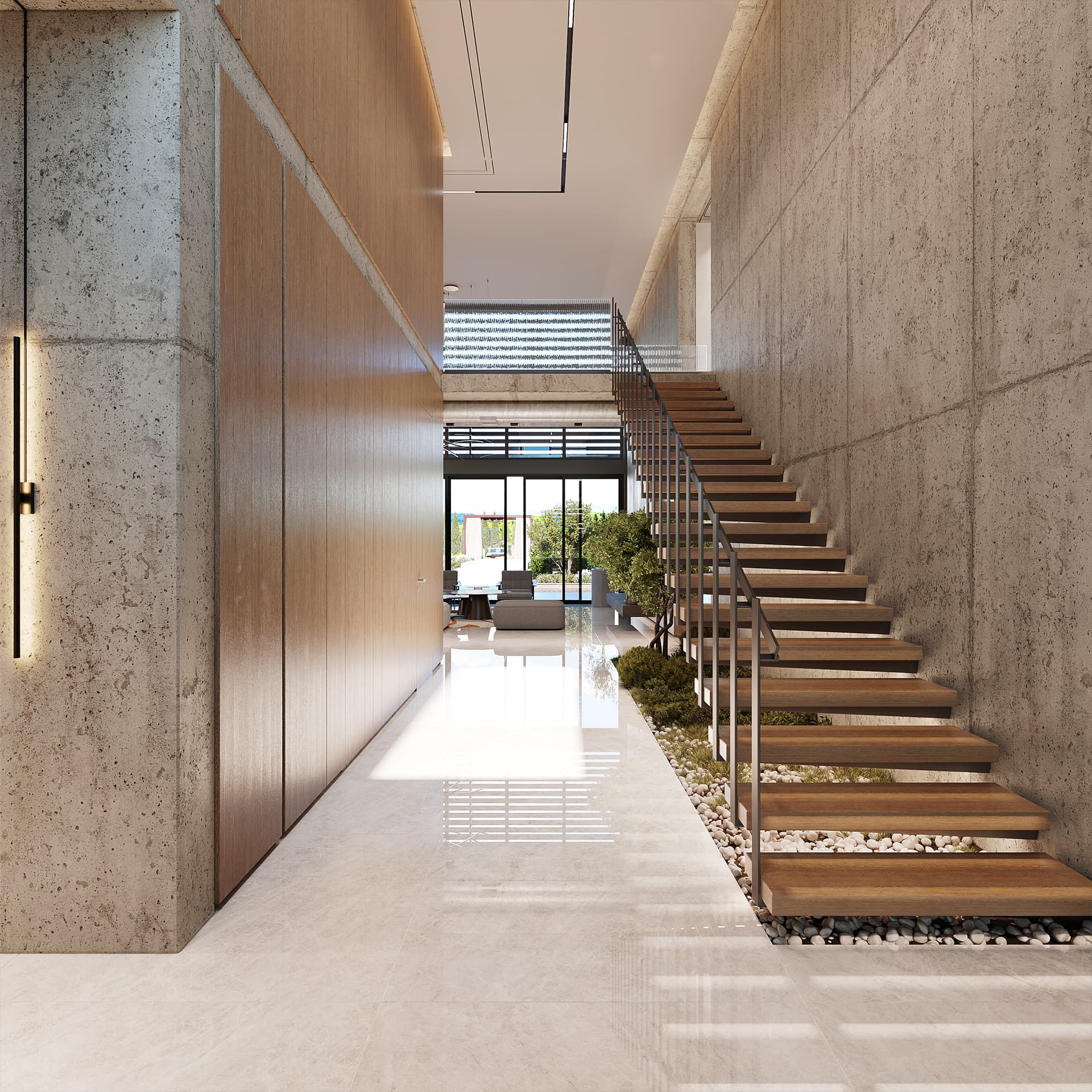 The interior exudes a sophisticated and calming mood through its contemporary style with organic and industrial elements, demonstrating an exceptionally high, luxurious level of design.