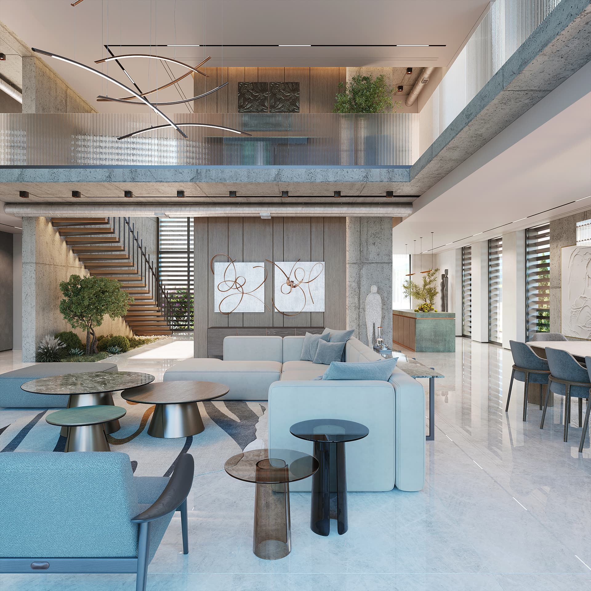 The interior exudes a sophisticated and calming mood through its contemporary style with organic and industrial elements, demonstrating an exceptionally high, luxurious level of design.