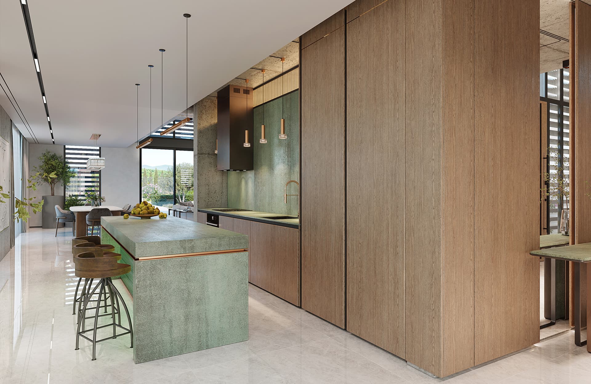 The interior exudes a sophisticated and calming mood through its contemporary style with organic and industrial elements, demonstrating an exceptionally high, luxurious level of design.