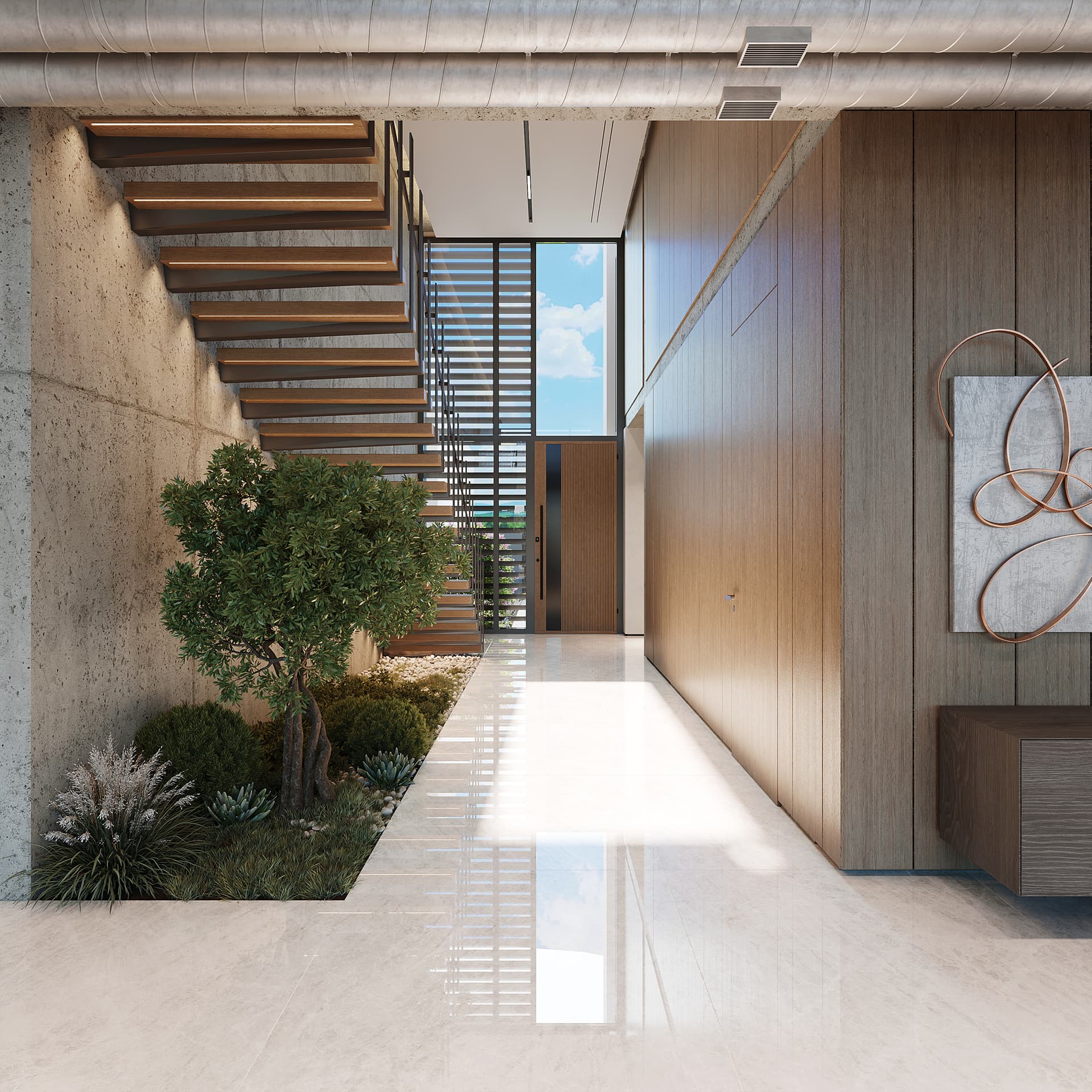 The interior exudes a sophisticated and calming mood through its contemporary style with organic and industrial elements, demonstrating an exceptionally high, luxurious level of design.