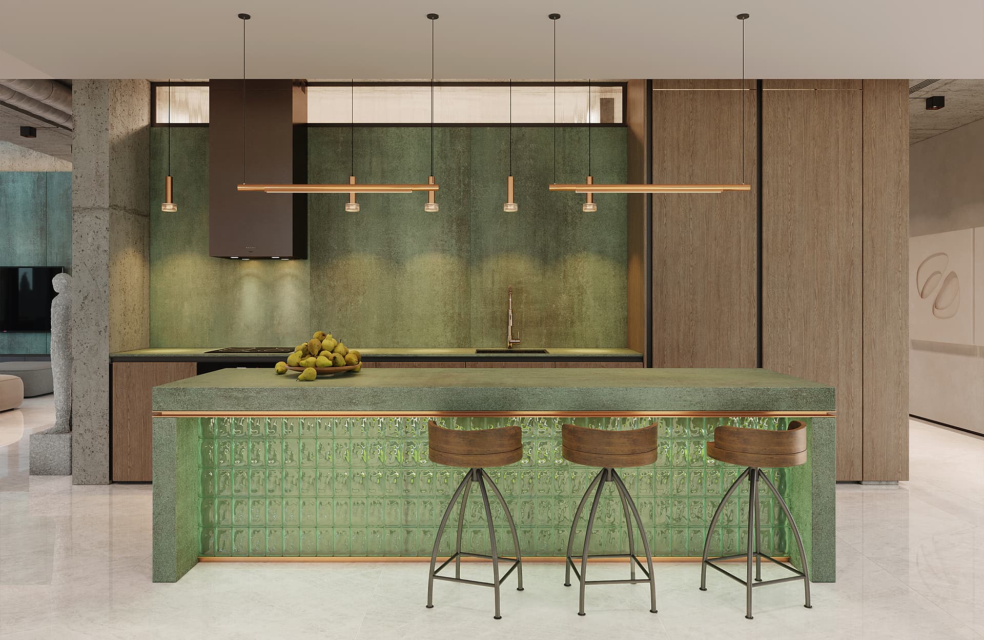 The interior exudes a sophisticated and calming mood through its contemporary style with organic and industrial elements, demonstrating an exceptionally high, luxurious level of design.