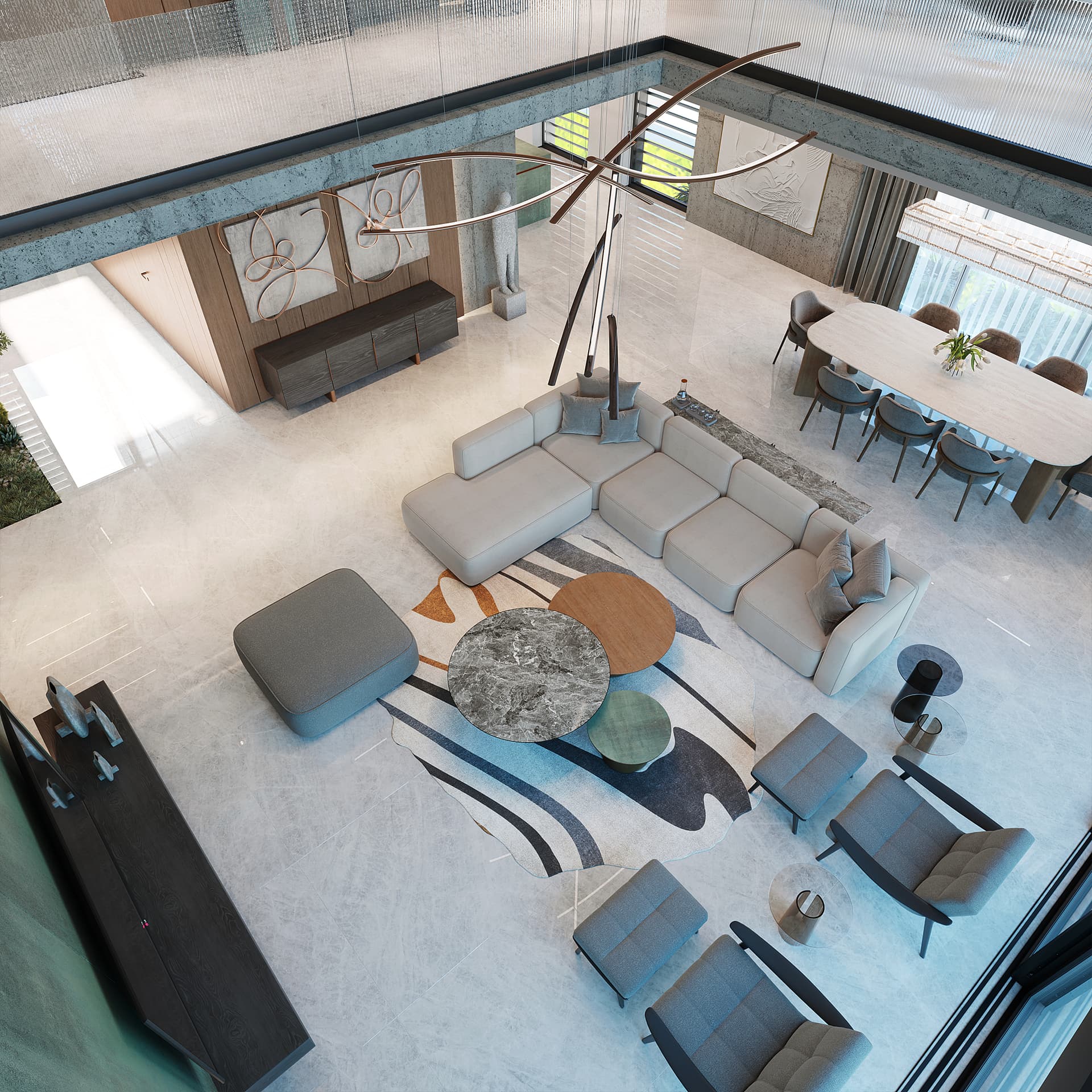 The interior exudes a sophisticated and calming mood through its contemporary style with organic and industrial elements, demonstrating an exceptionally high, luxurious level of design.